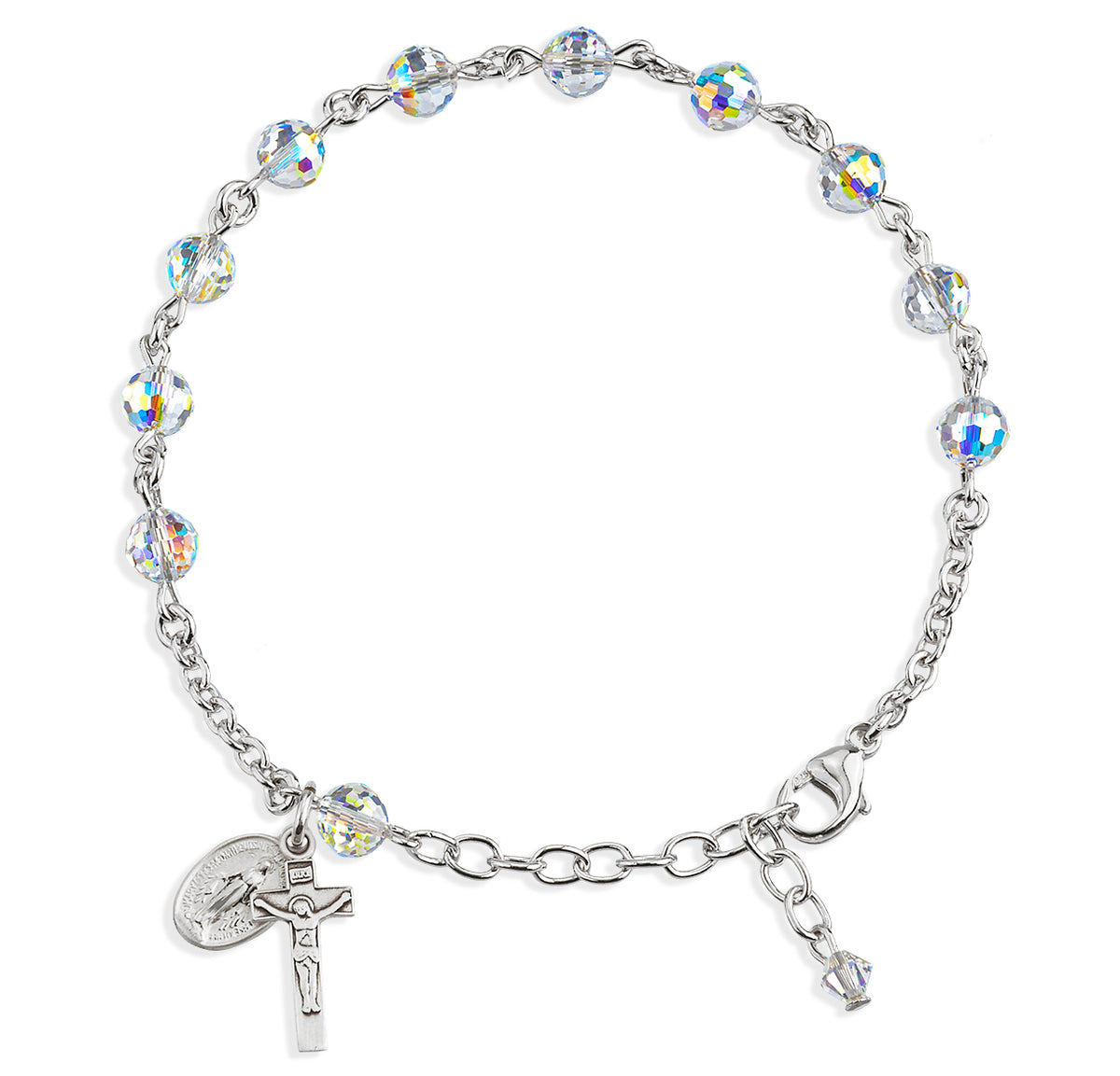 6mm Aurora Borealis Swarovski Crystal Multi-Faceted Rosary Bracelet, Sterling Silver Medal and Crucifix