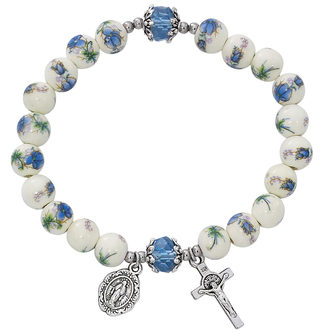 Blue Ceramic Stretch Bracelet with Crucifix and Miraculous Medal