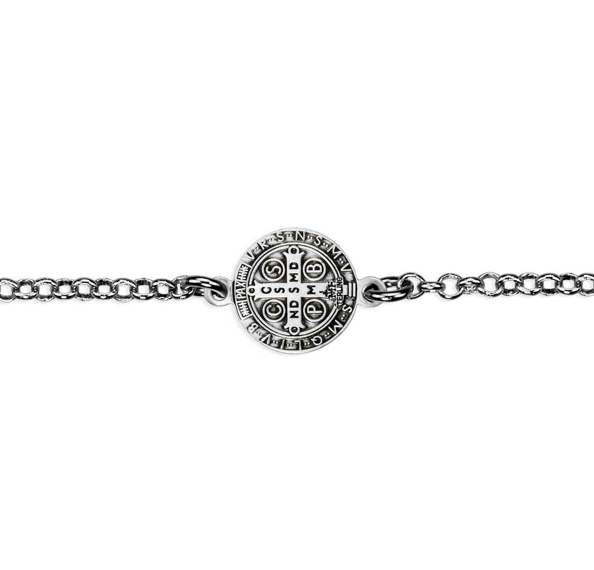 Saint Benedict Medal Bracelet, Sterling Silver on Rolo Chain