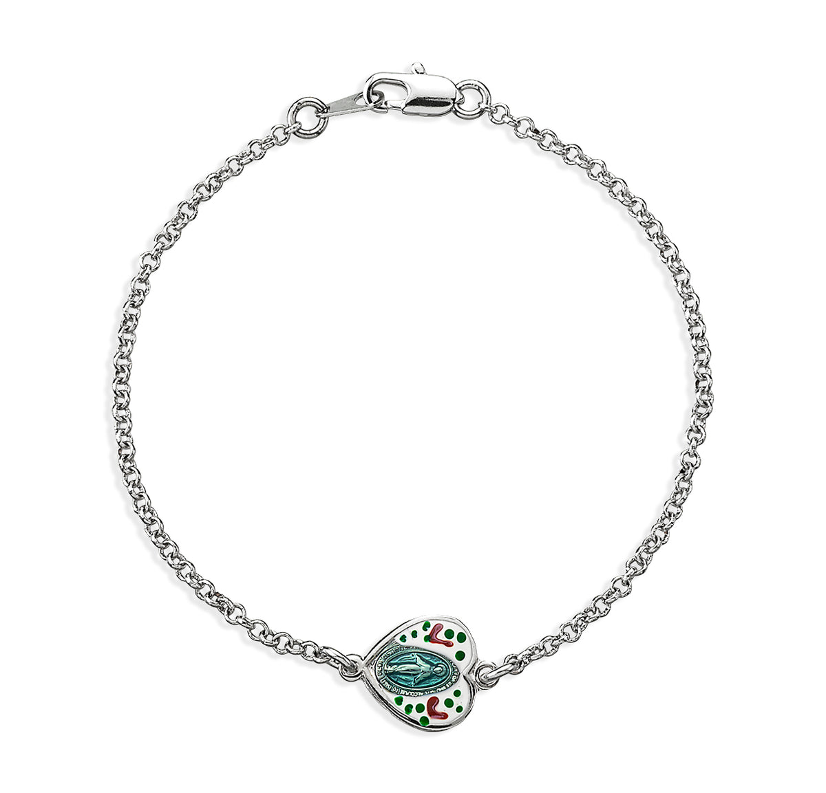 Hand Painted Heart Miraculous Medal Bracelet, Sterling Silver on Rolo Chain