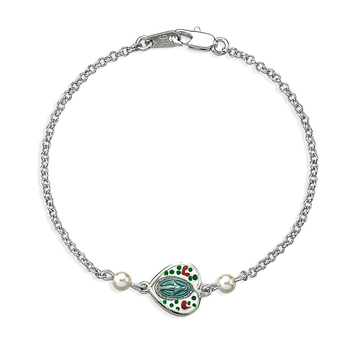 Painted Flower Heart Miraculous Medal Bracelet with Pearls, Sterling Silver on Rolo Chain