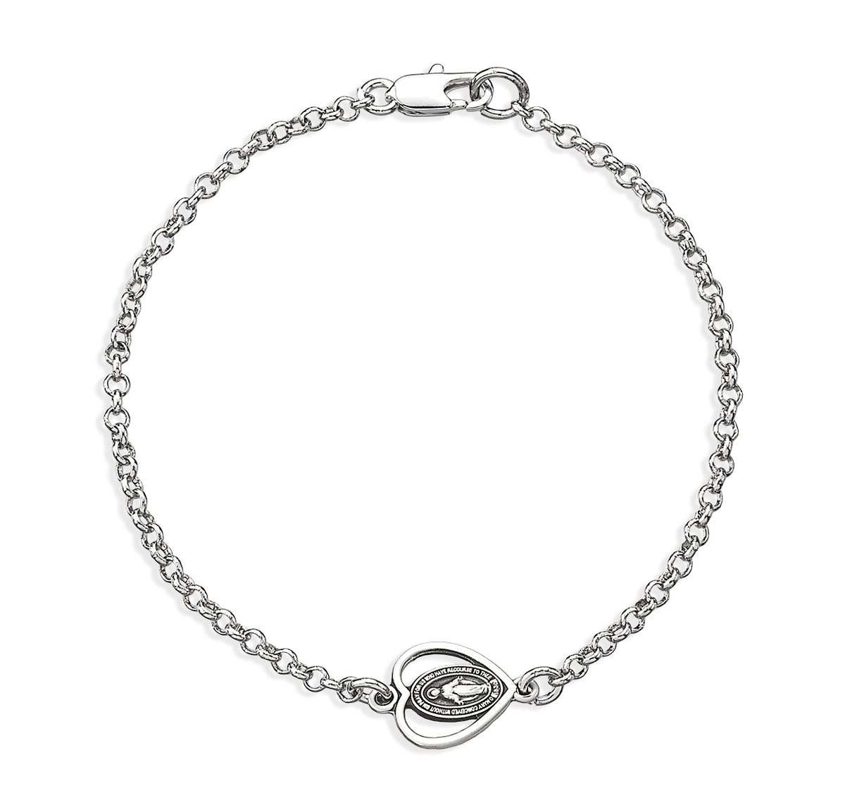 Cut Out Heart Miraculous Medal Bracelet, Sterling Silver on Rolo Chain