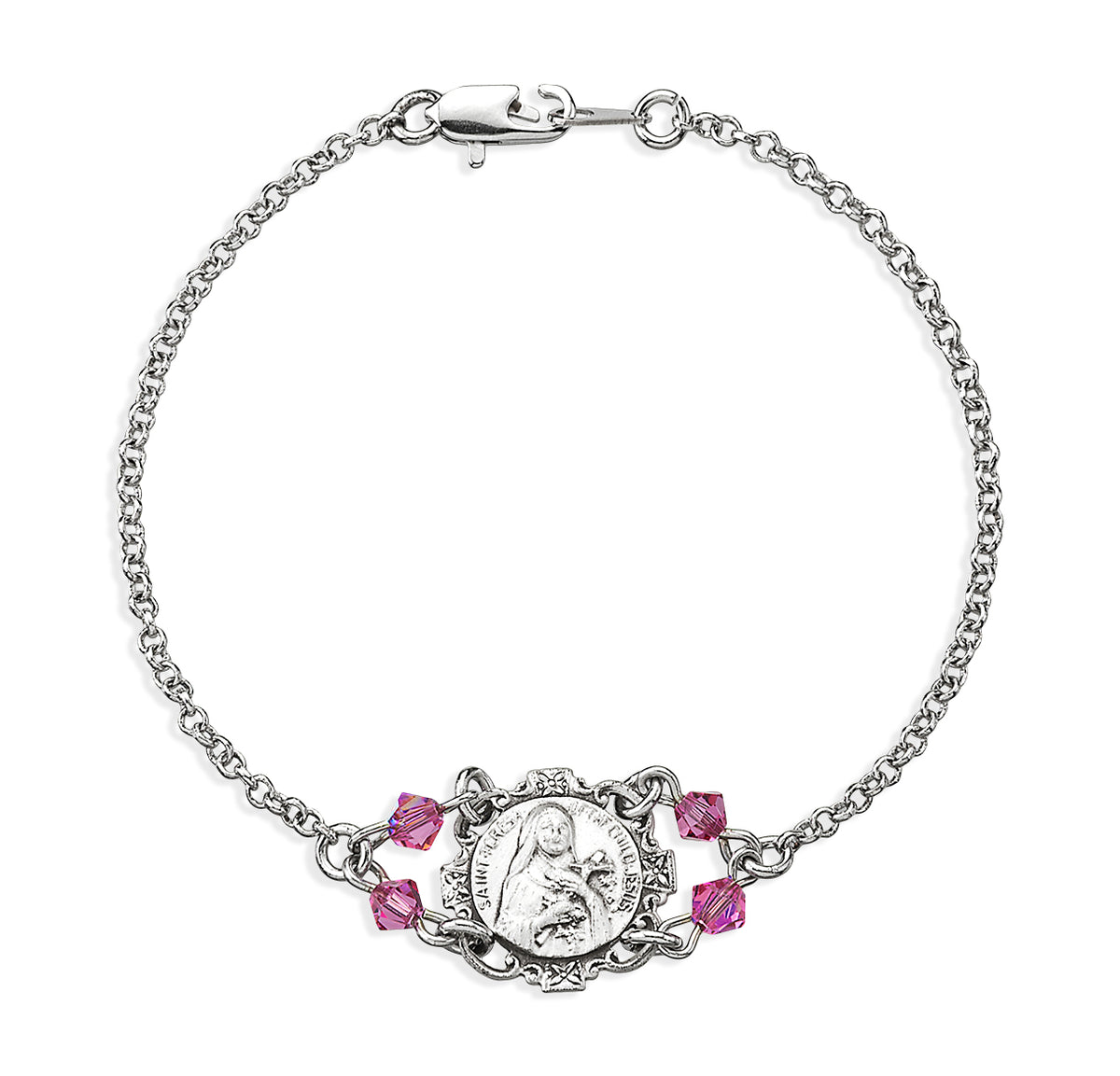 Saint Therese Medal Bracelet with Pink Crystal Beads, Sterling Silver on Rolo Chain