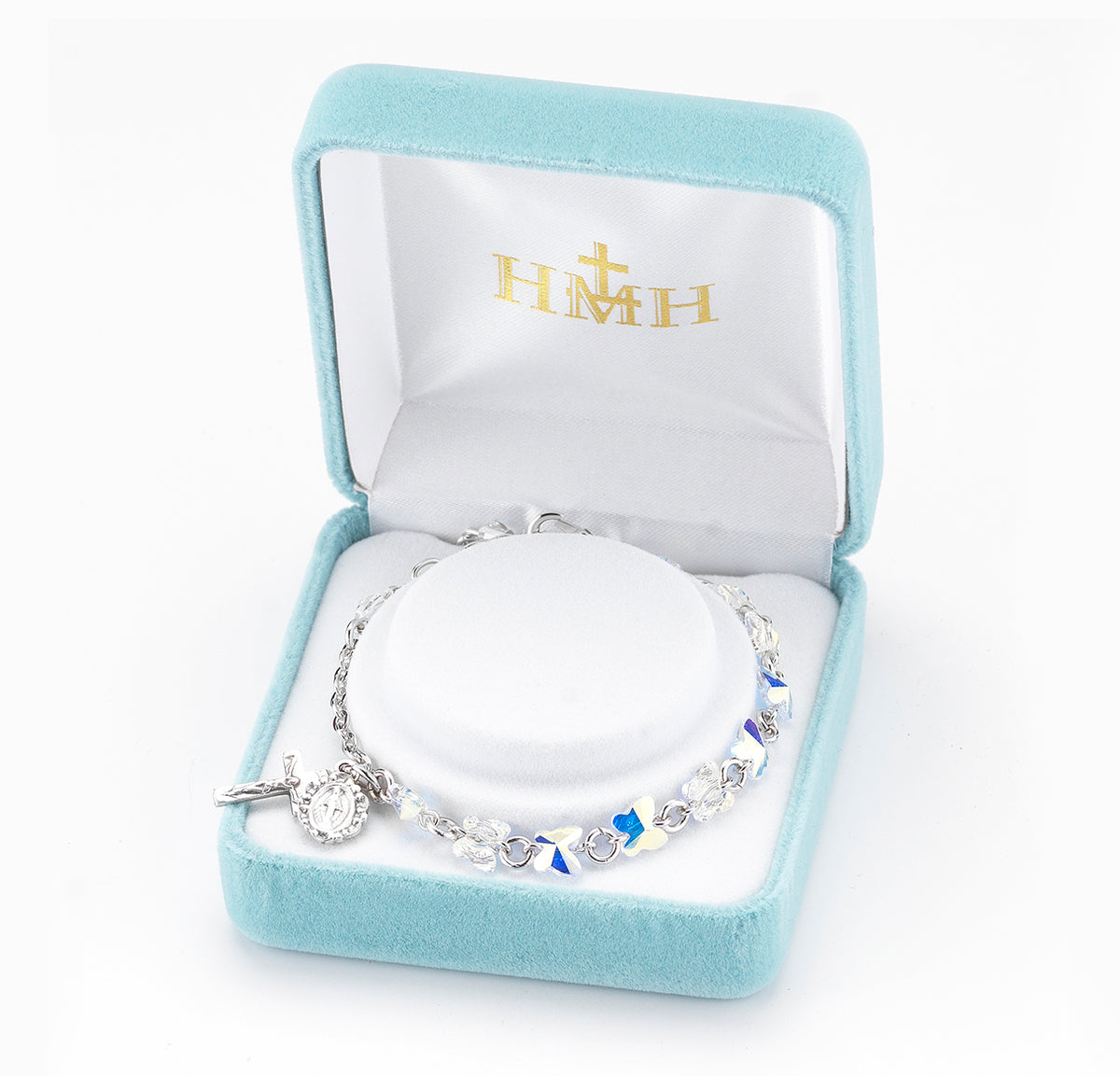 6mm Aurora Borealis Swarovski Crystal Butterfly Rosary Bracelet, Silver Oxidized Medal and Crucifix