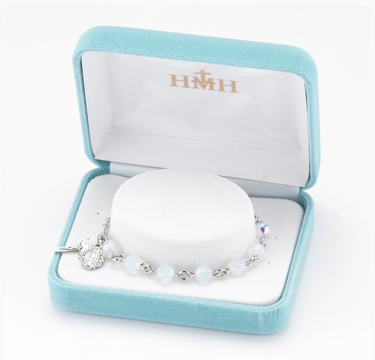 6mm Opal Swarovski Crystal Round Rosary Bracelet, Silver Oxidized Medal and Crucifix