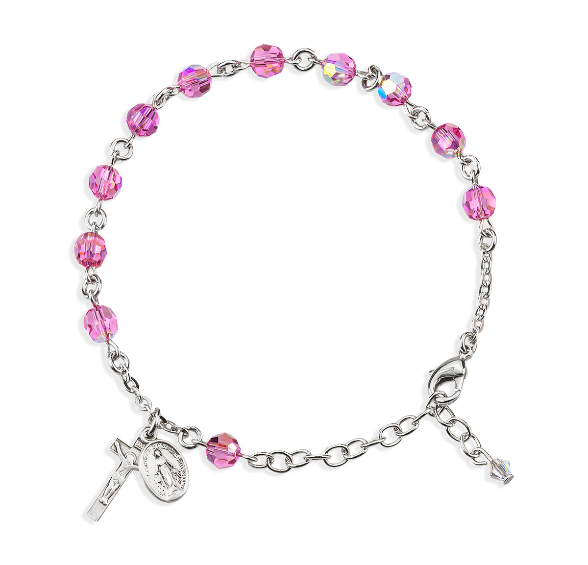 6mm Pink Swarovski Crystal Round Rosary Bracelet, Silver Oxidized Medal and Crucifix