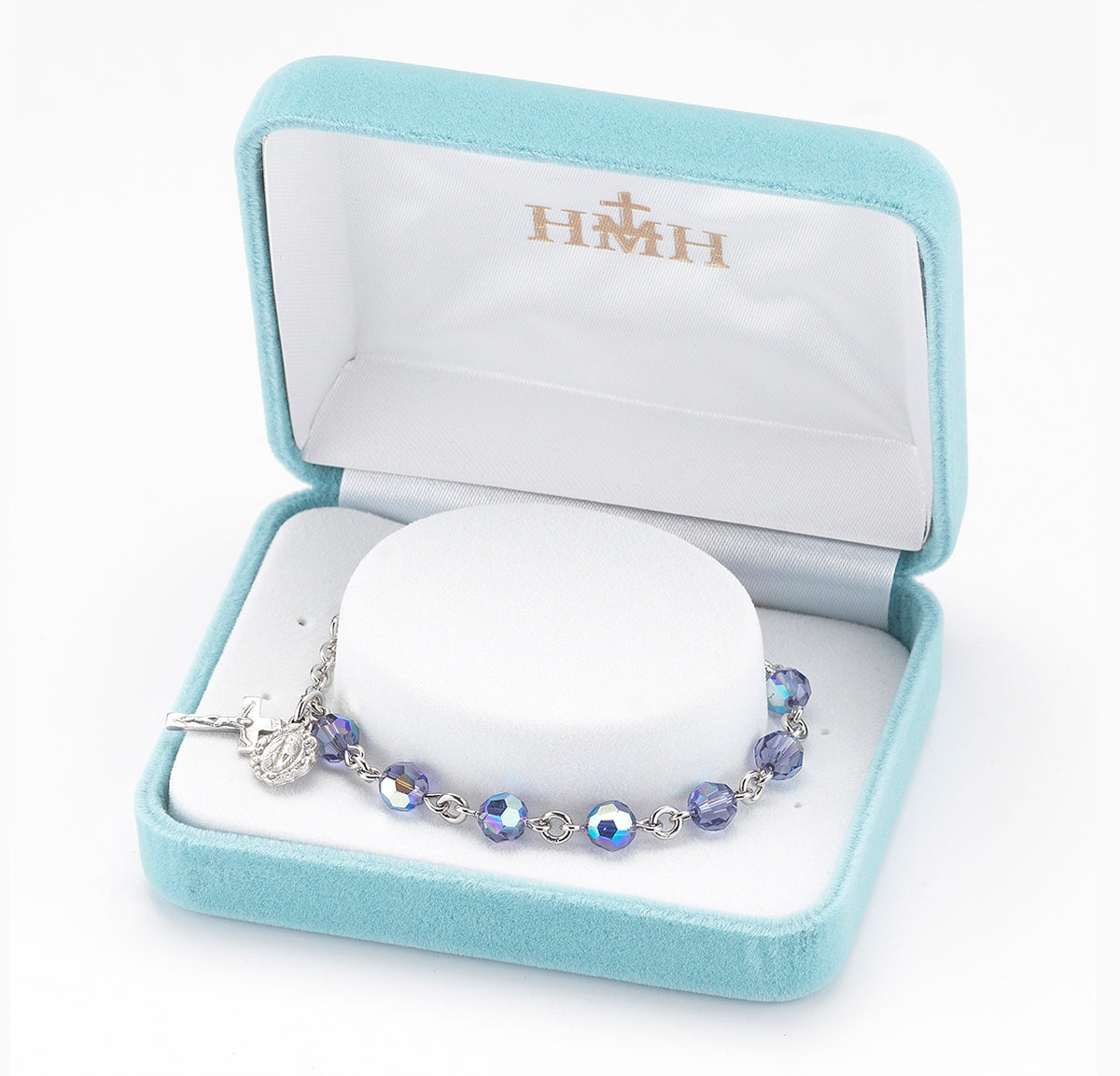 6mm Tanzanite Swarovski Crystal Round Rosary Bracelet, Silver Oxidized Medal and Crucifix