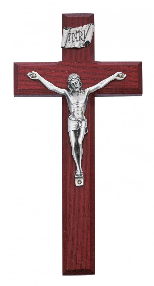 Beveled Cherry Stained Wood Crucifix with Silver-Tone Corpus 8 Inch