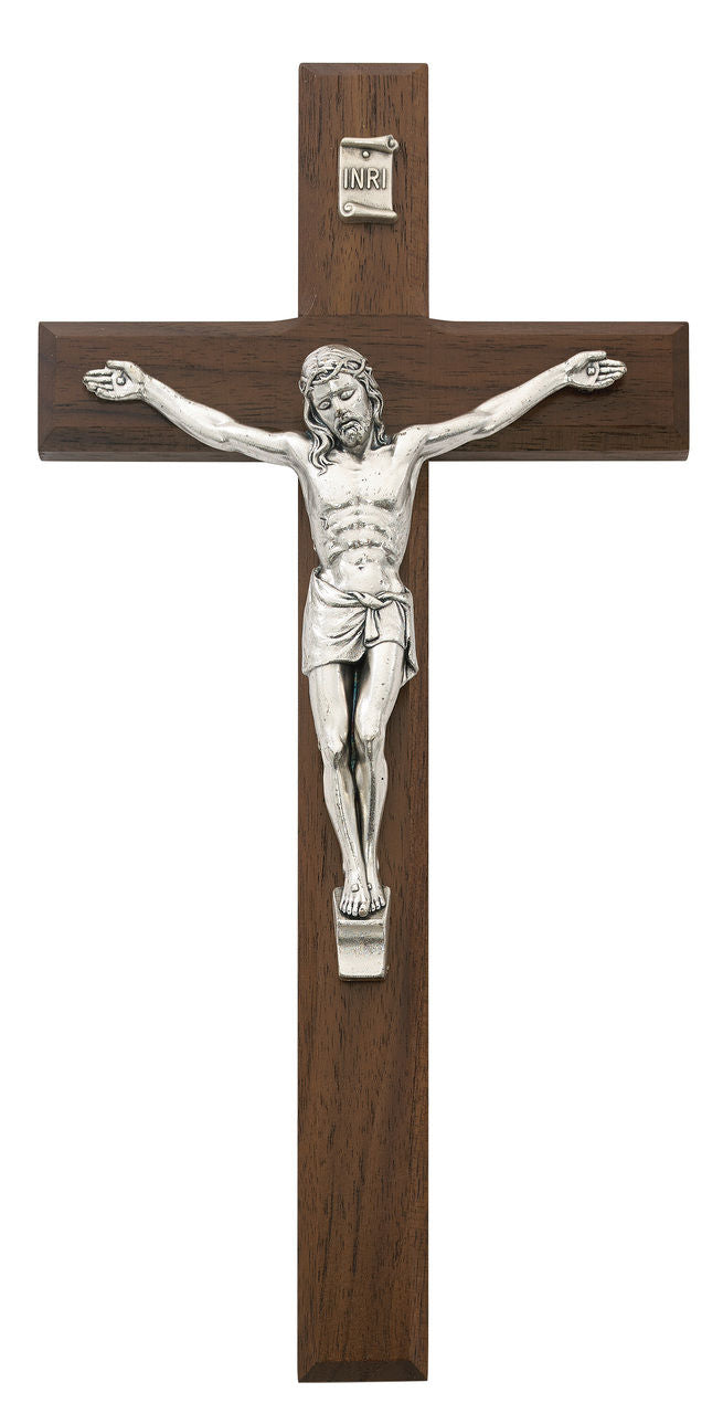 Beveled Walnut With Silver tone Crucifix, 10 Inch