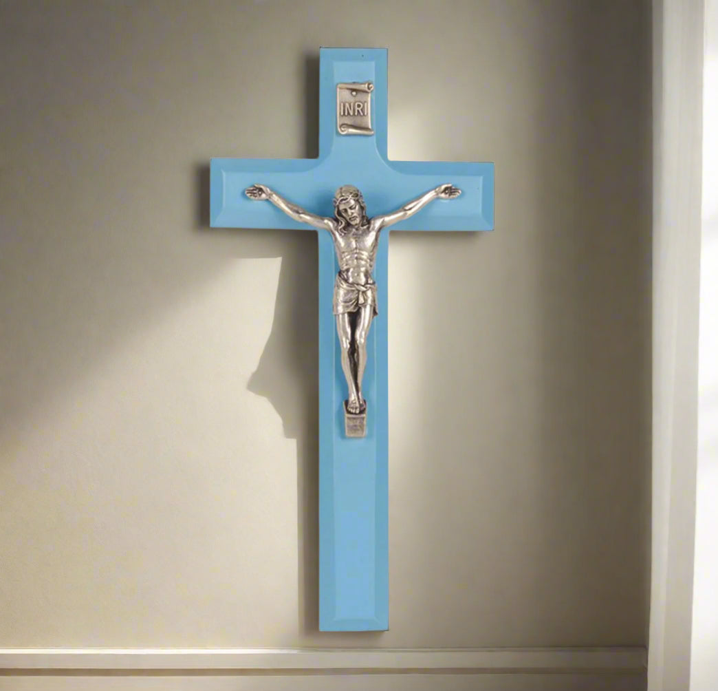 Blue wood crucifix with pewter crucifix