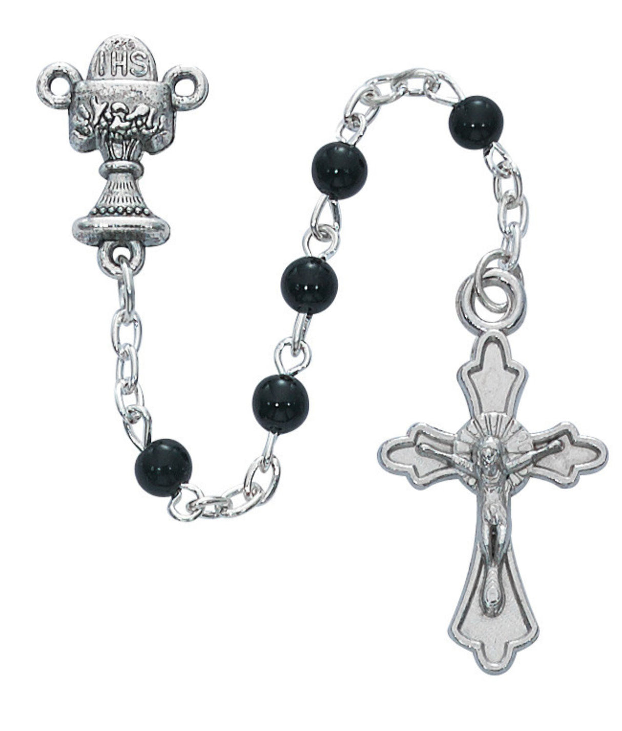 Black Glass First Communion Rosary with Cross Box for Boys