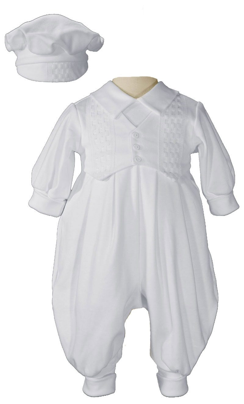 Long Pant Baptism Romper with Windowpane Embroidery for Boys