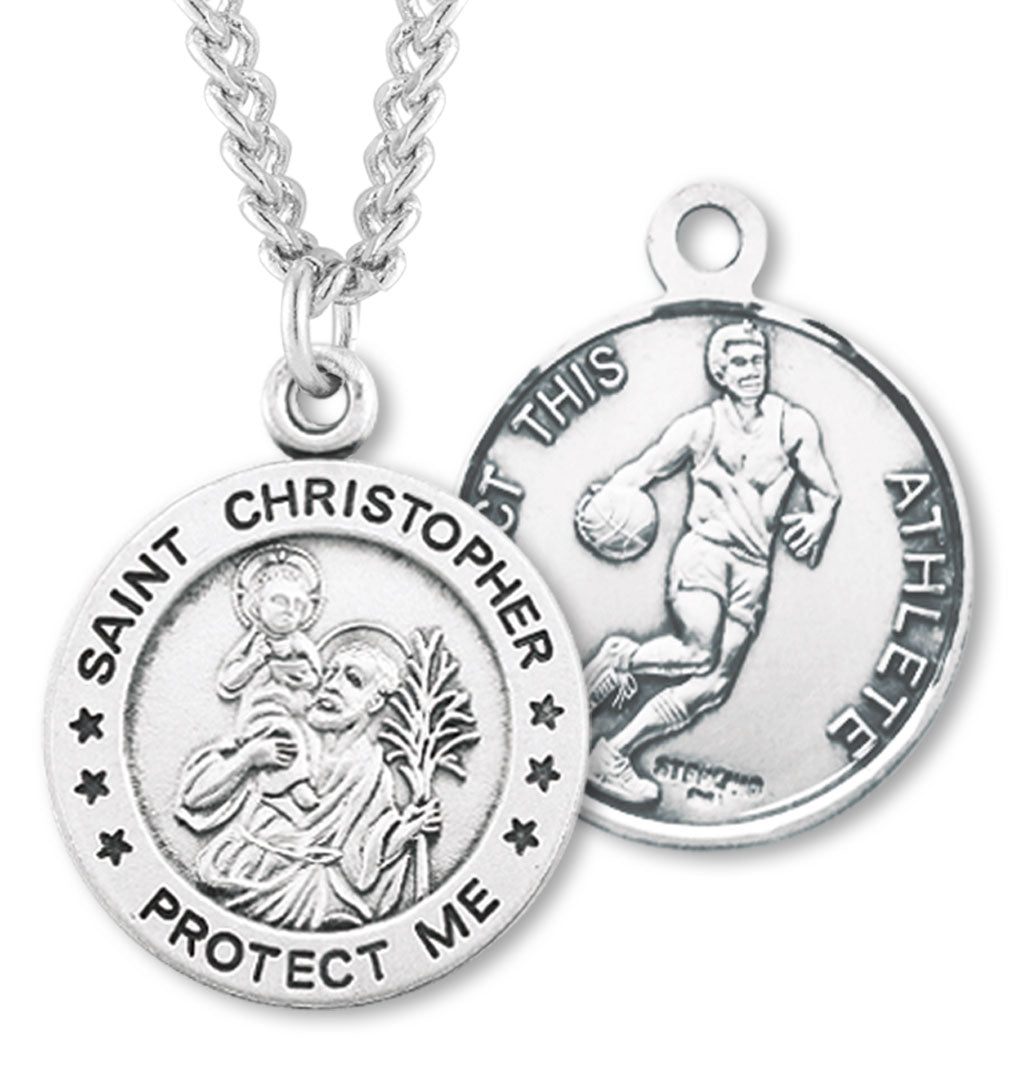 Sterling Silver Round Saint Christopher Basketball Medal for Women