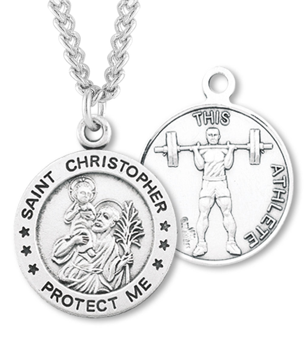 Sterling Silver Round Saint Christopher Weightlifting Medal for Women