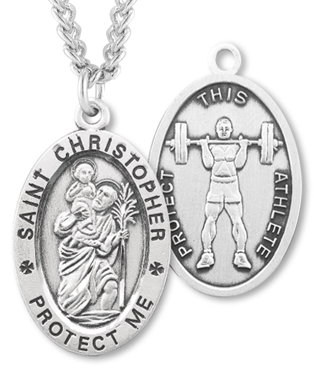 St. Christopher Weightlifting Sterling Silver Oval Medal for Men