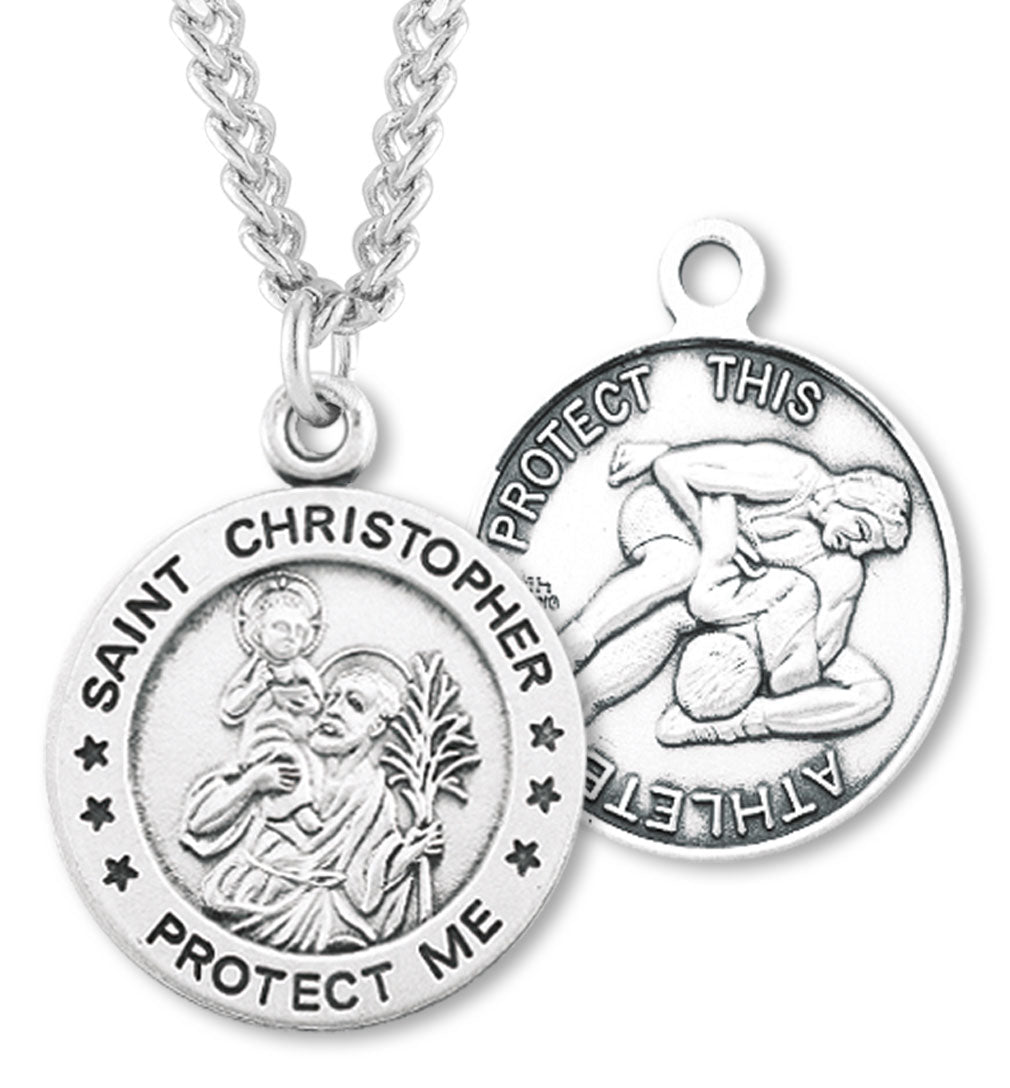 Sterling Silver Round Saint Christopher Wrestling Medal for Women