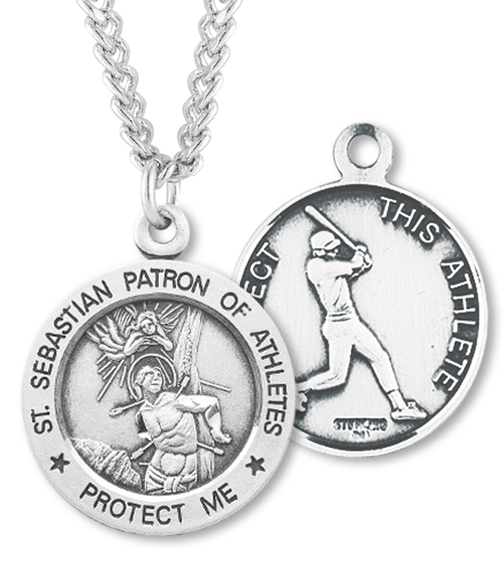 Sterling Silver Round Saint Sebastian Baseball Medal for Women