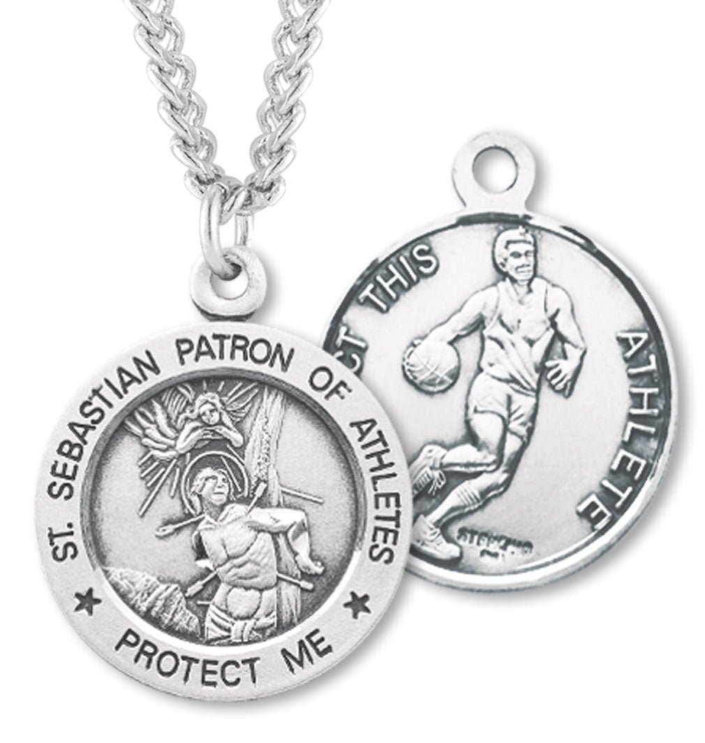 Sterling Silver Round Saint Sebastian Basketball Medal for Women