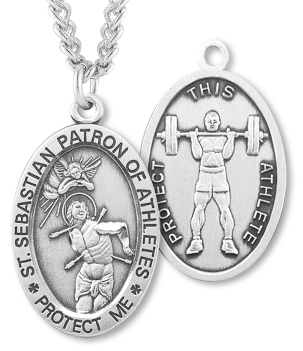St. Sebastian Weightlifting Oval Sterling Silver Medal for Men
