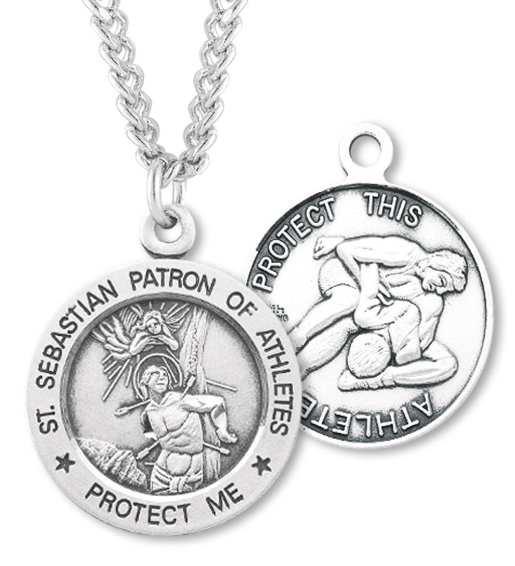 Sterling Silver Round Saint Sebastian Wrestling Medal for Men
