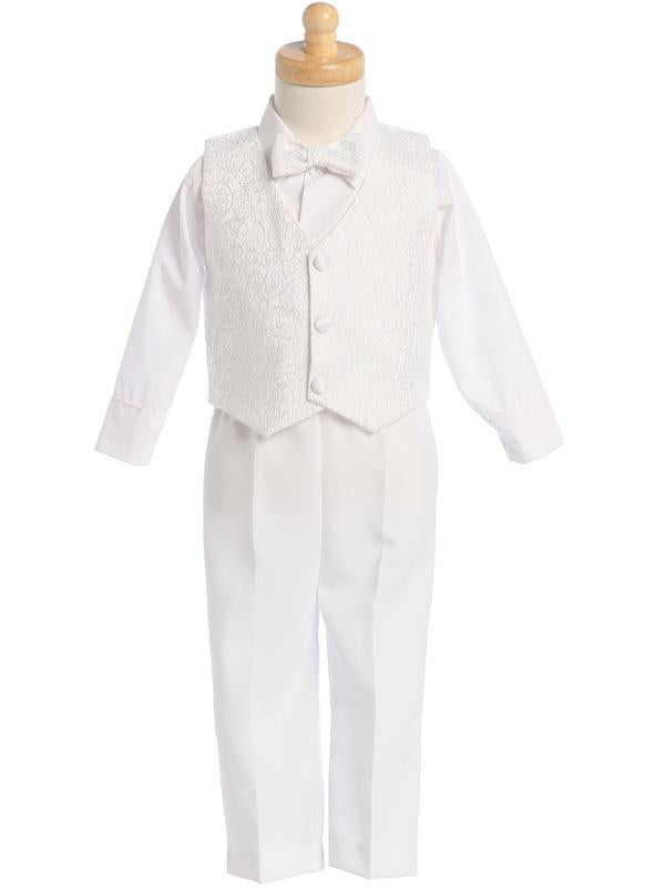 White 4-Piece Embroidered Jacquard Vest Set for Boys