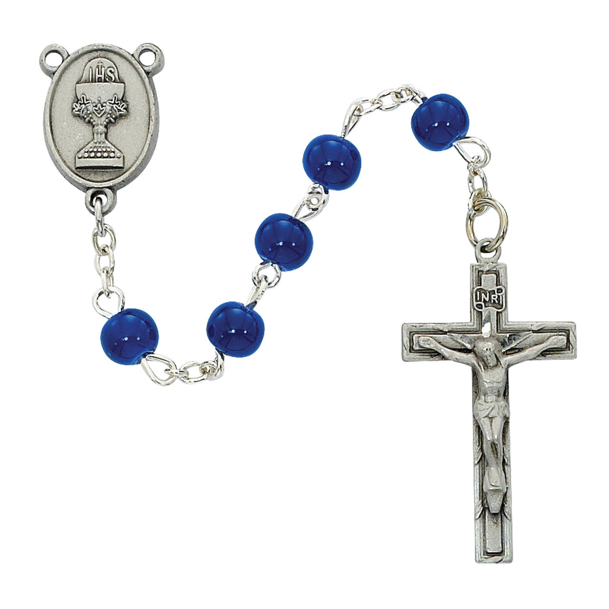 Boys' Blue Glass Bead First Communion Pewter Rosary