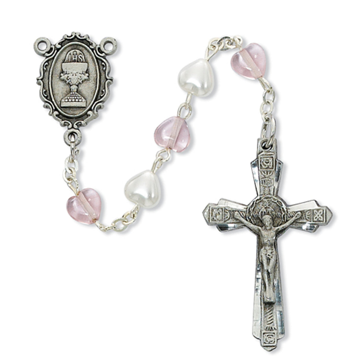 Pink Pearl Heart Bead First Communion Rosary - 5mm