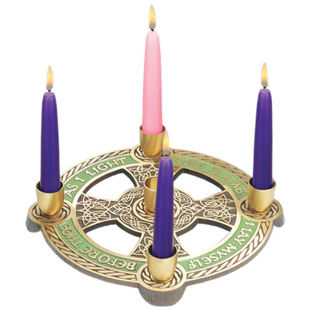 Celtic Advent Wreath – “As I Light This Flame I Lay Myself Before Thee” | Solid Bronze with Green Enamel | 9" Diameter