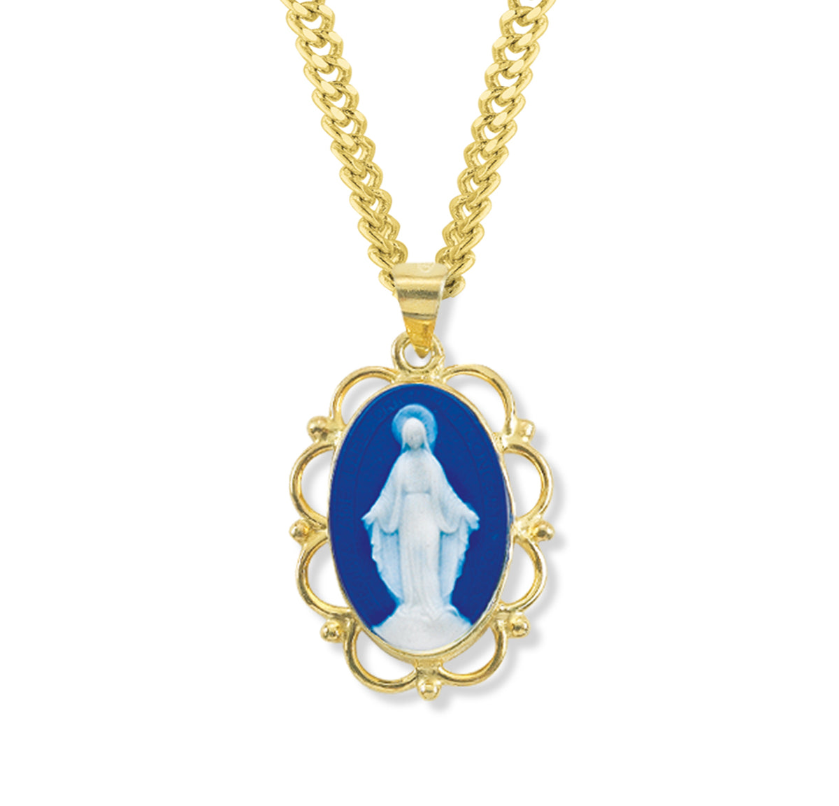 Dark Blue Cameo Miraculous Medal Necklace, Gold Over Sterling Silver