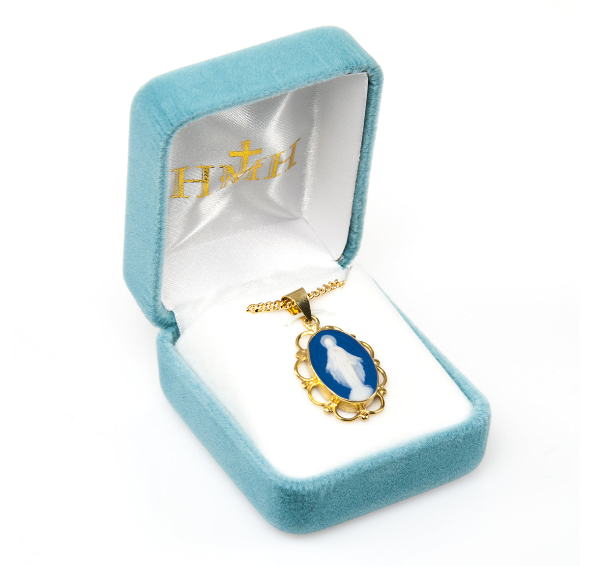 Dark Blue Cameo Miraculous Medal Necklace, Gold Over Sterling Silver