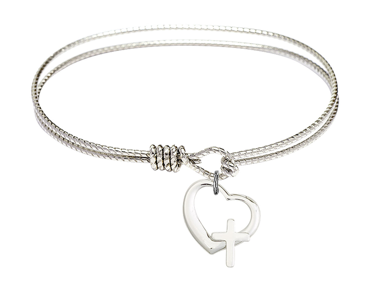 Cable Bangle Bracelet with a Heart and Cross Charm