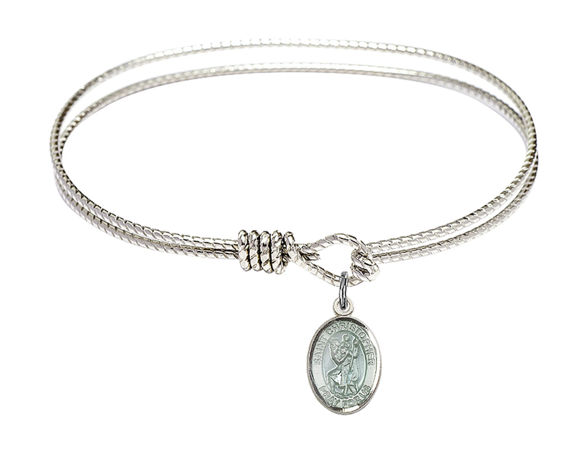 Cable Bangle Bracelet with a Saint Christopher with blue enamel Charm