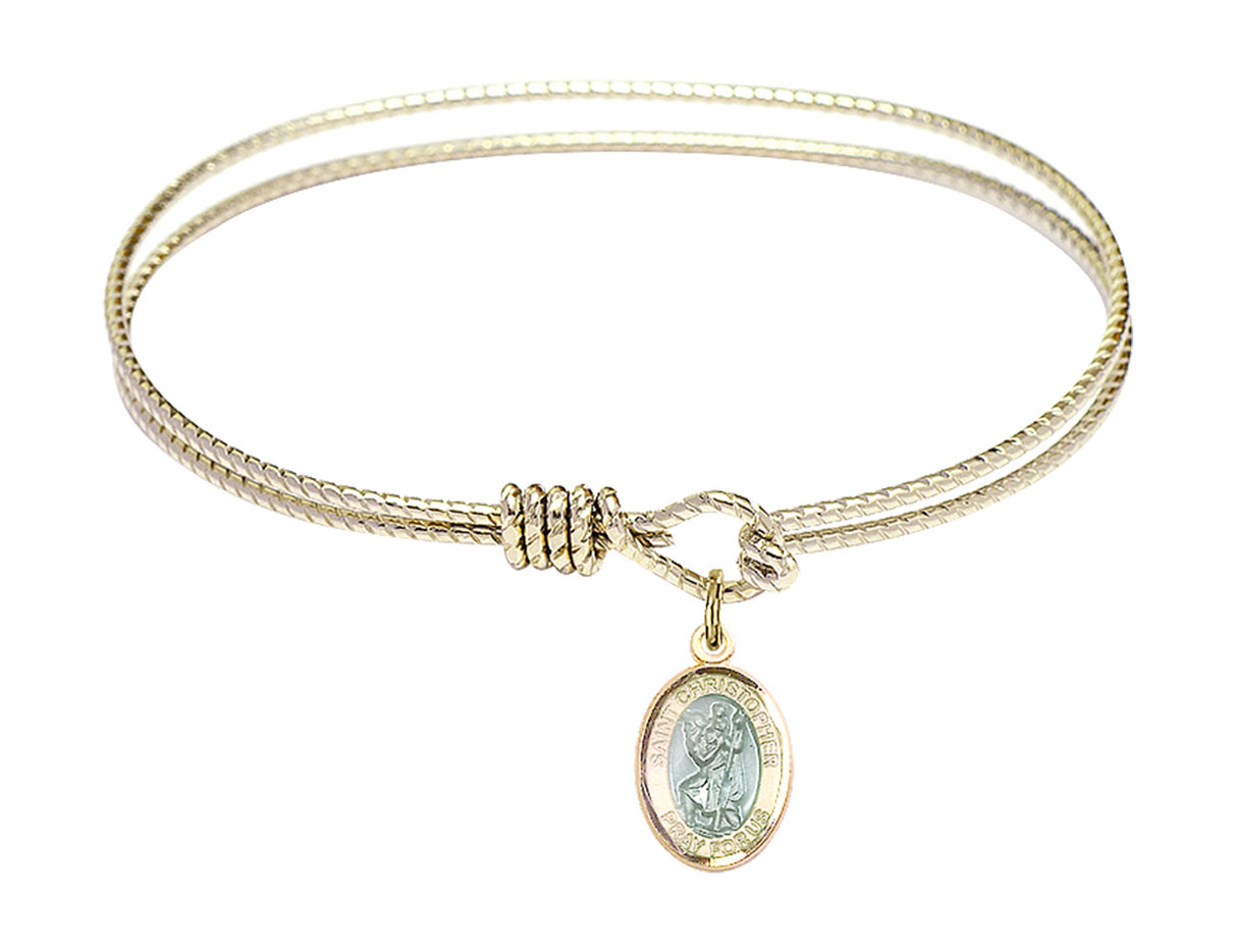 Cable Bangle Bracelet with a Saint Christopher with blue enamel Charm