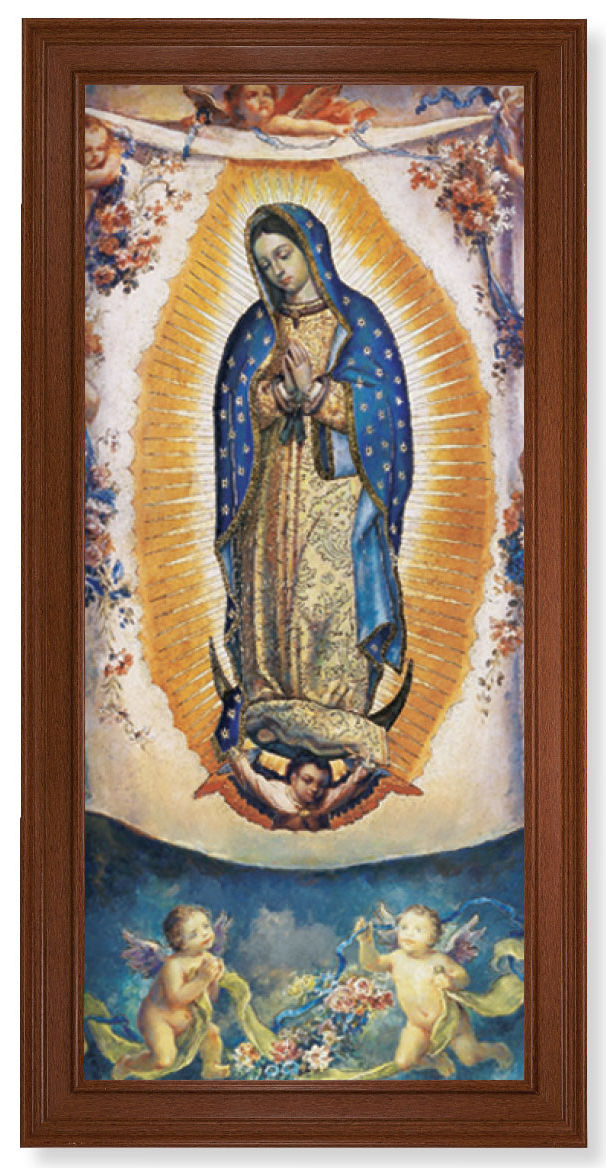 Church Size Our Lady of Guadalupe w Angels Walnut Finish Framed Art