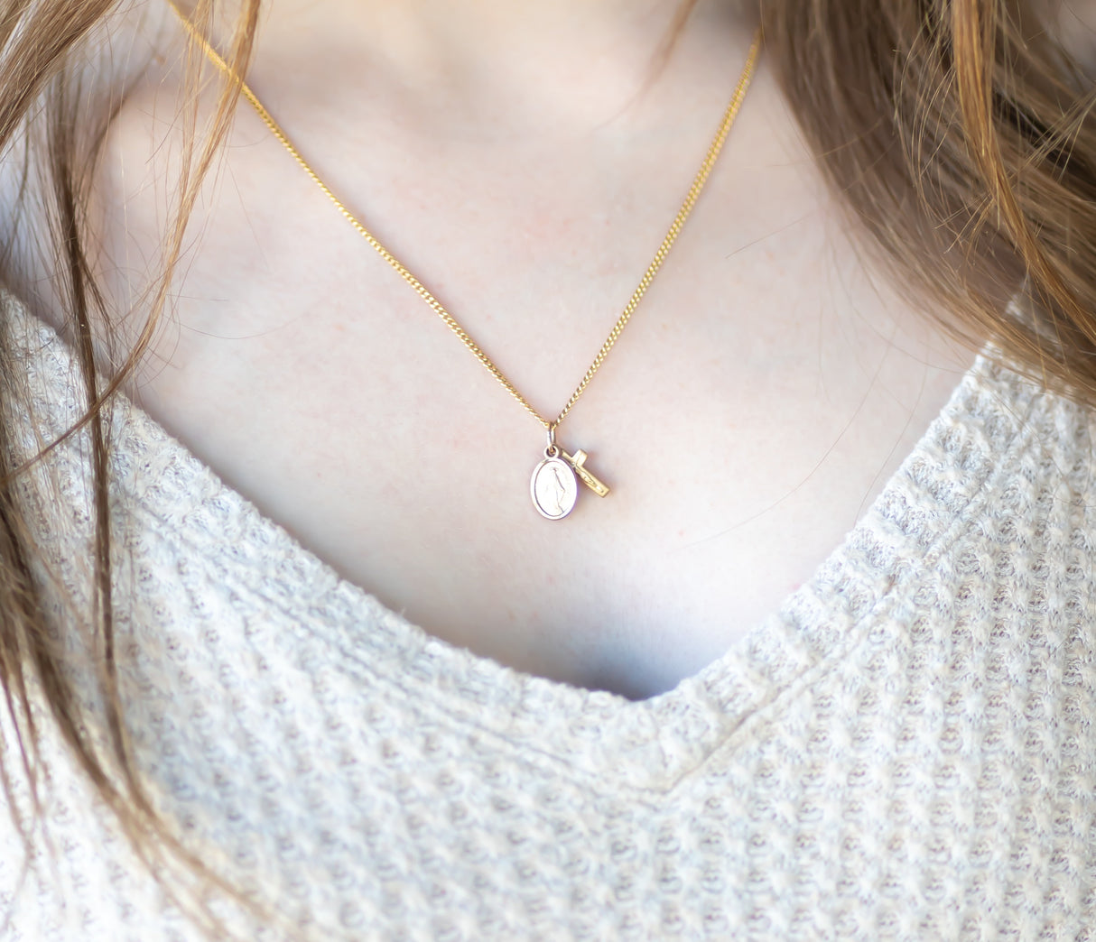 Miraculous Medal & Crucifix Double Pendant Necklace – Petite Sterling Silver or Gold-Filled