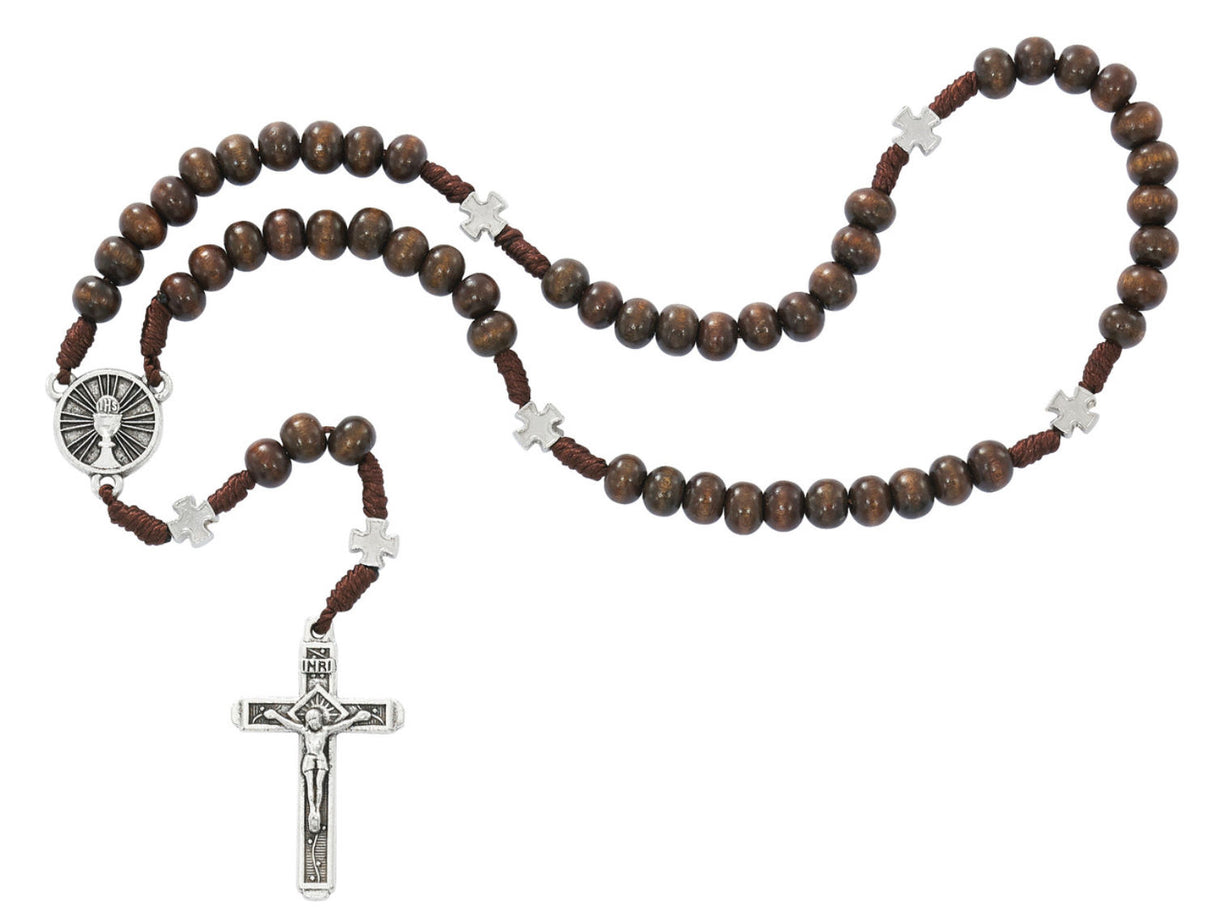 Corded Brown Wood Bead Boys First Communion Rosary