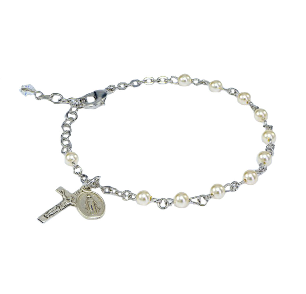 Cream Pearl 4mm First Communion Rosary Bracelet