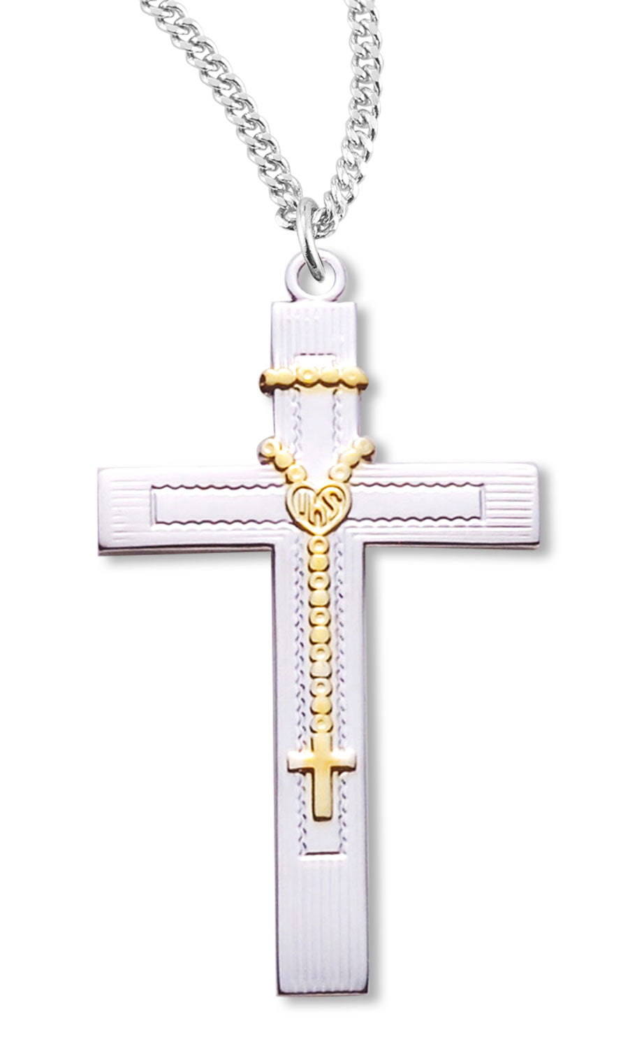Sterling Silver Cross with 14KT Gold Rosary Overlay Necklace