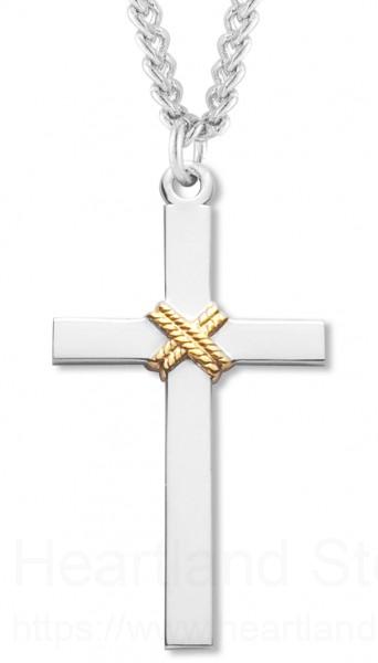 Men's Sterling Silver Cross Necklace with Gold Rope Center with Chain Options + 24" 2.4mm Rhodium Plate Endless Chain