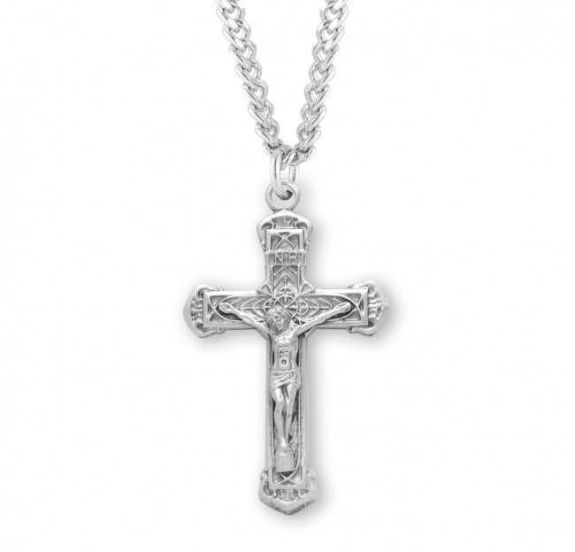 Layered Leaf Crucifix Medal Sterling Silver