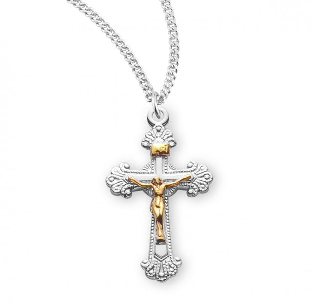 Shiny Frayed Tip Crucifix Medal Two Tone for Women
