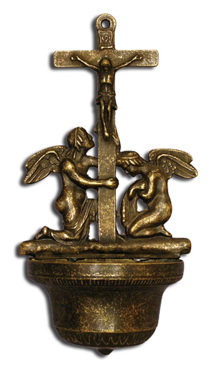 Crucifixion Water Font with Angels – Antiqued Brass, 12” | Made in Italy