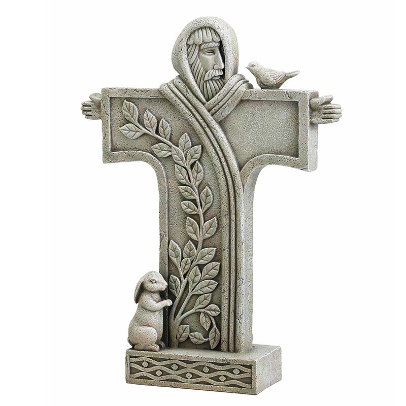 Contemporary Saint Francis Standing Cross Garden Statue 18" High