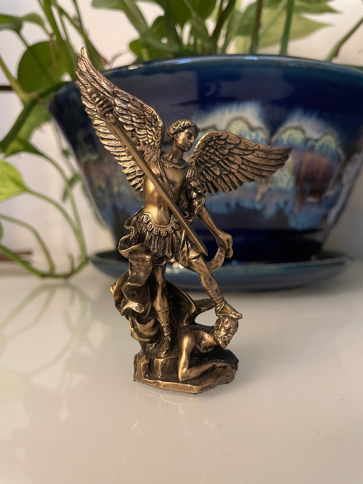 St. Michael the Archangel Statue - 4" Bronzed Resin | Compact Catholic Decor for Home or Office