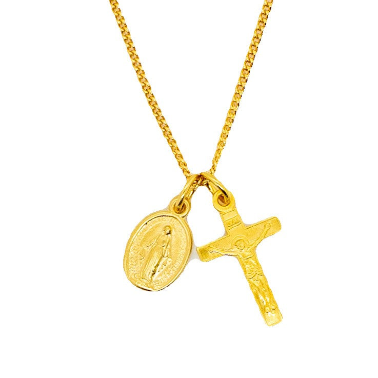 Dainty Double Pendant Gold Miraculous Medal and Crucifix Set