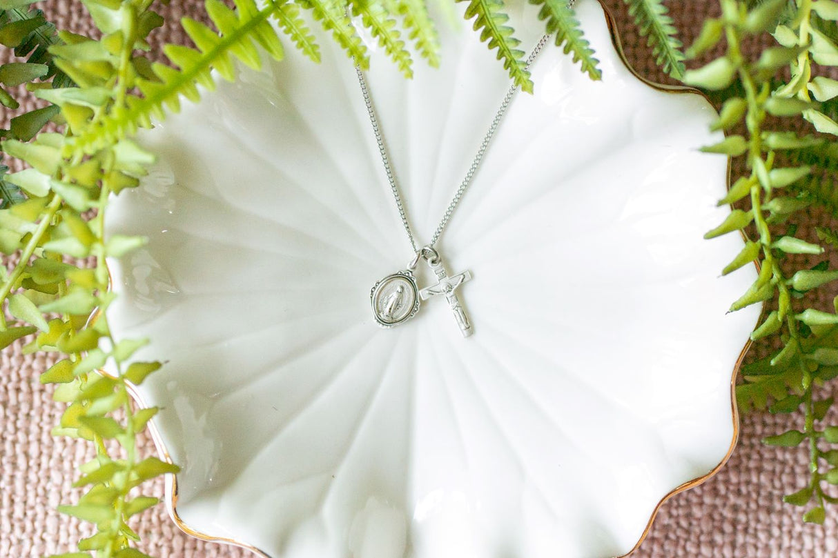 Dainty Sterling Silver Miraculous Medal and Crucifix Double Pendant Set