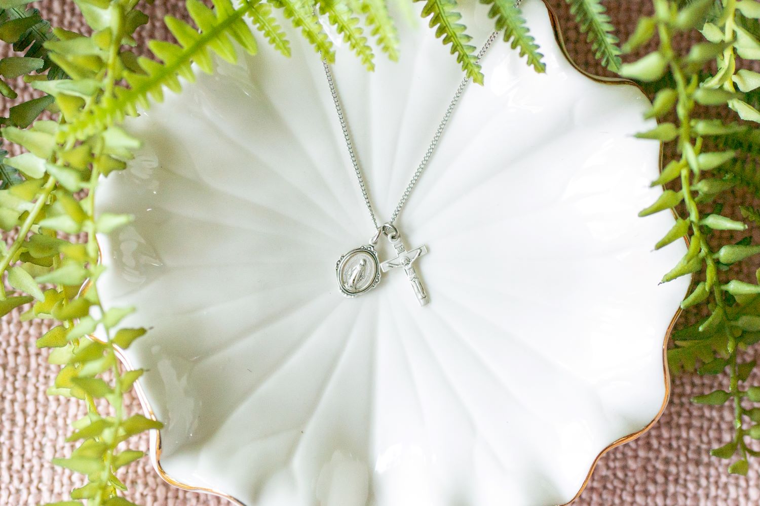 Dainty Sterling Silver Miraculous Medal and Crucifix Double Pendant Set