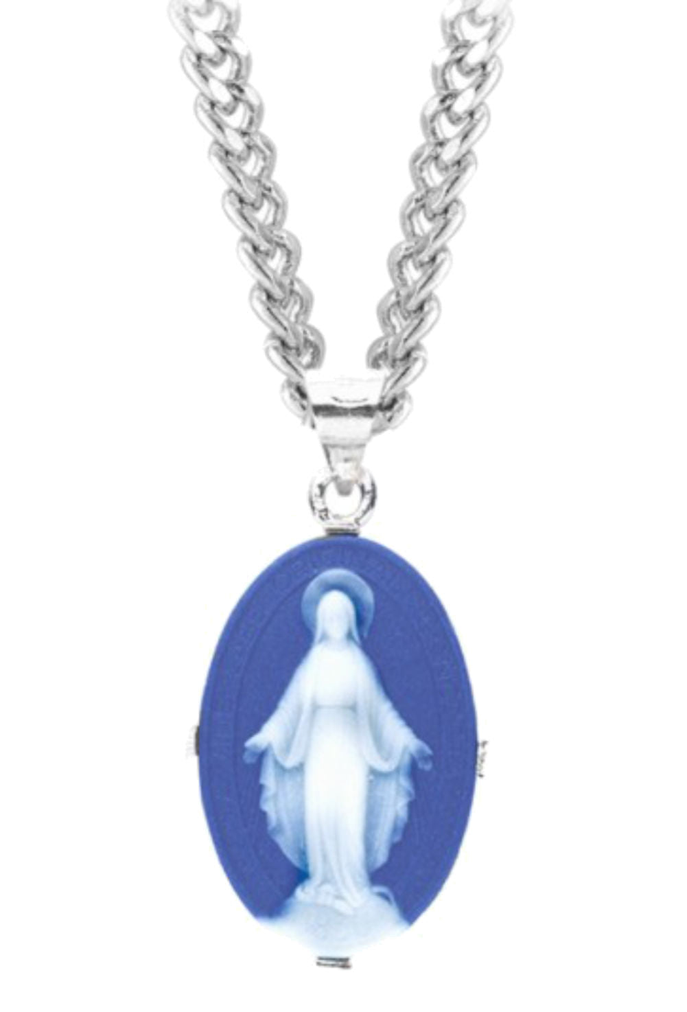 Miraculous Medal Dark Blue Cameo Necklace - Sterling Silver