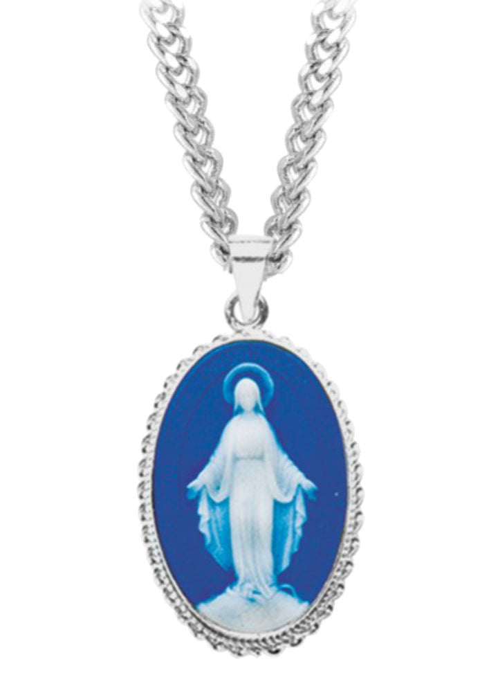 Miraculous Medal Dark Blue Oval Cameo Pendant - Sterling Silver