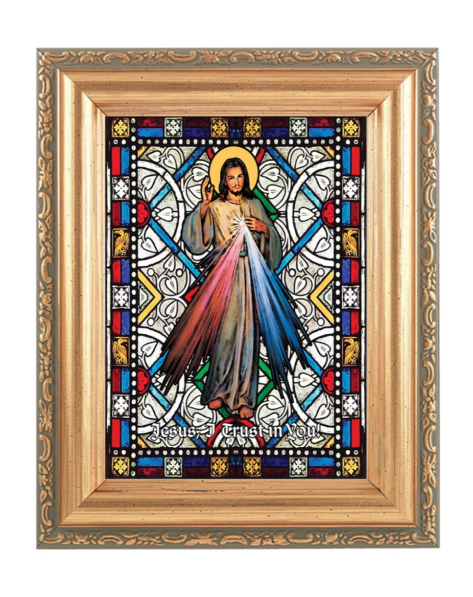 Divine Mercy in Gold Frame Stained Glass Effect